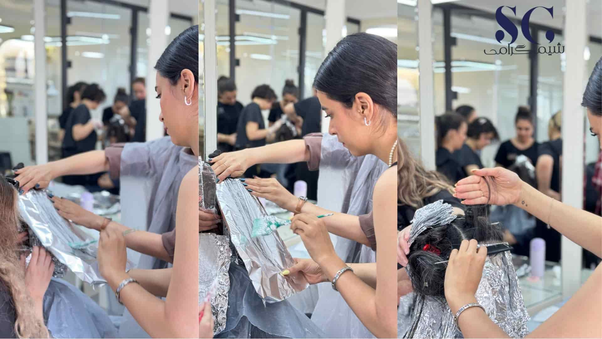 هنرجو در حال اجرای تکنیک رنگ و لایت روی مدل واقعی